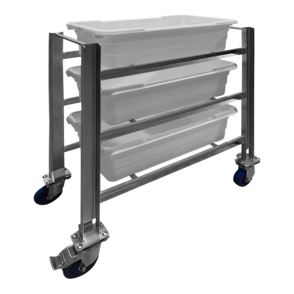 A stainless steel SSL Industries tote cart with three lugs on wheels.