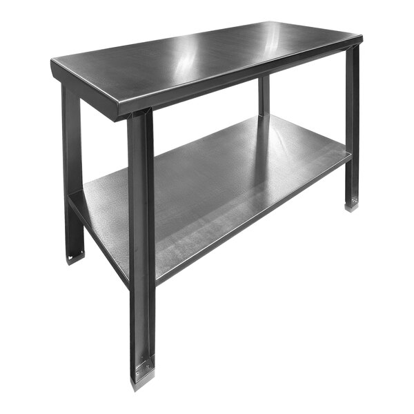 A metal SSL Industries stainless steel work table with undershelf.