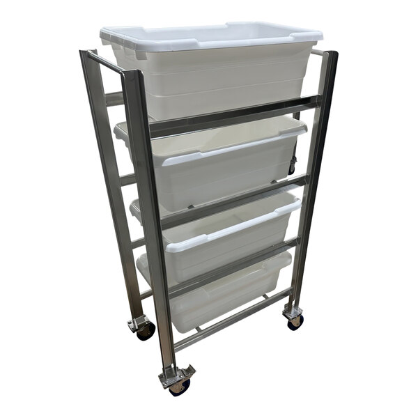A stainless steel SSL Industries lug cart with white bins on it.