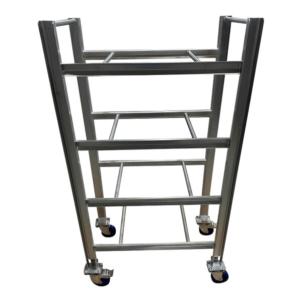 A stainless steel SSL Industries tote cart with wheels.