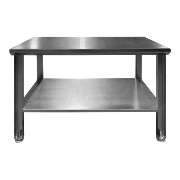 A metal SSL Industries stainless steel work table with undershelf and adjustable foot pads.