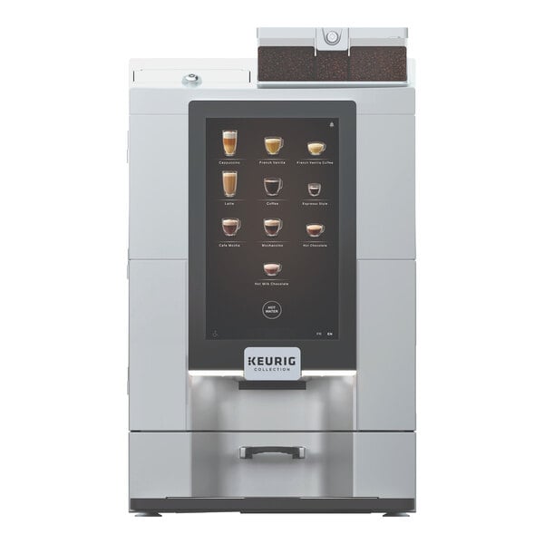 A Keurig Eccellenza Momentum coffee maker with a digital screen showing different types of coffee.