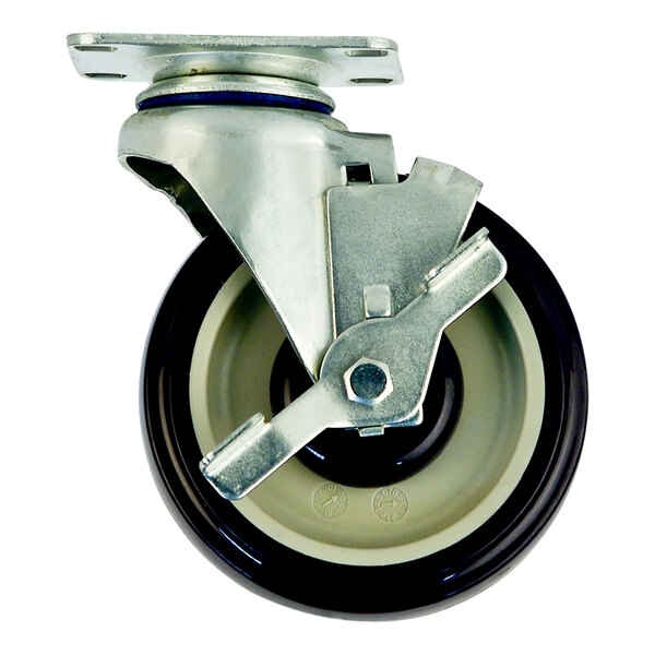 A New Age metal swivel plate caster with a black polyurethane wheel.