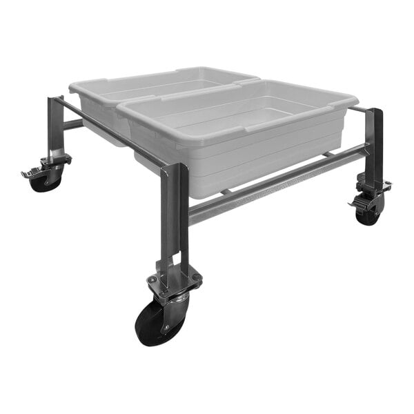 A stainless steel SSL Industries cart holding two grey plastic lugs.