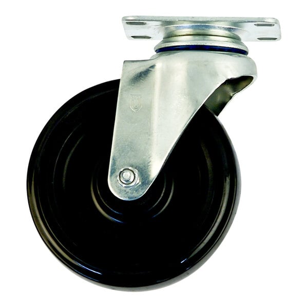 A black and silver New Age polyurethane swivel plate caster wheel.