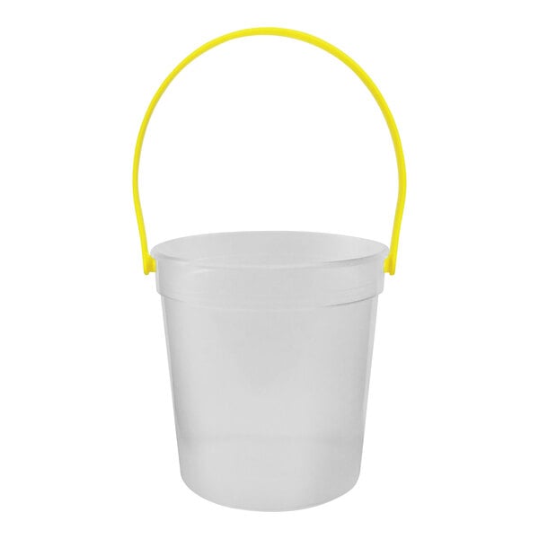 A clear plastic bucket with yellow handles.