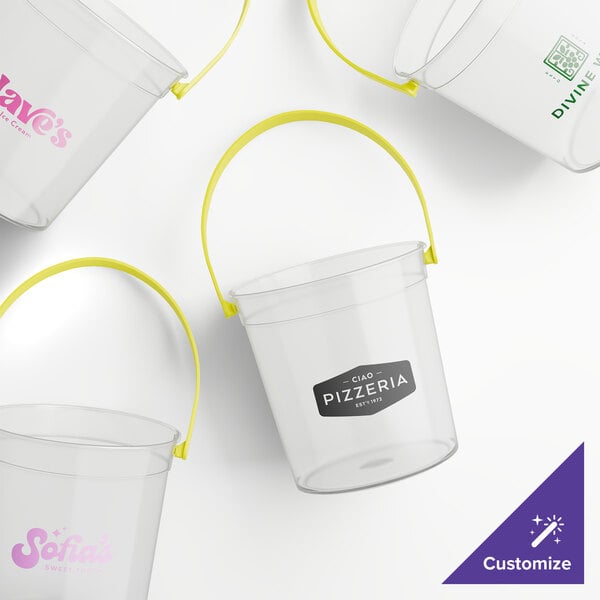 A group of clear Howw Manufacturing plastic buckets with yellow handles.