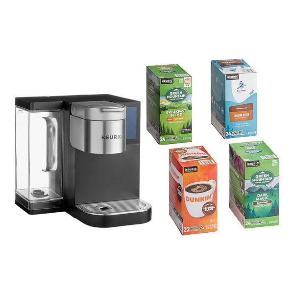 A Keurig coffee machine with four boxes of K-Cups.