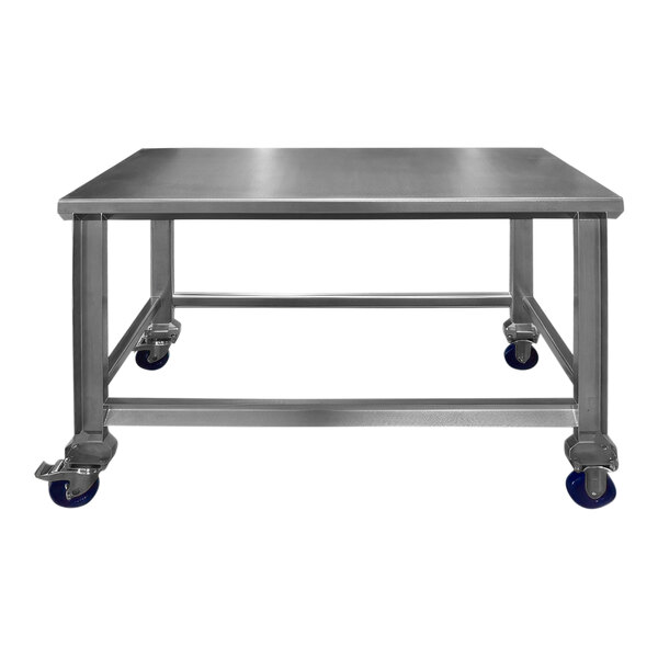 A SSL Industries stainless steel work table with casters.
