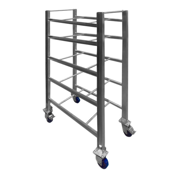A stainless steel SSL Industries tote cart with blue wheels.
