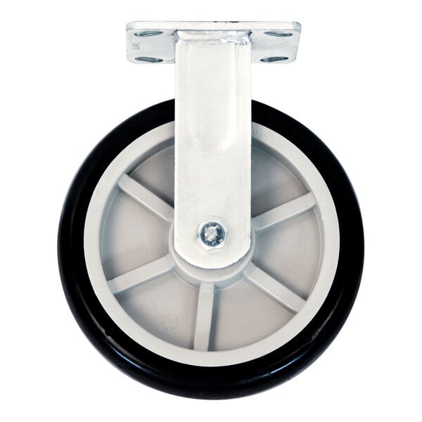 A close-up of a black and white New Age Polyurethane rigid plate caster wheel.