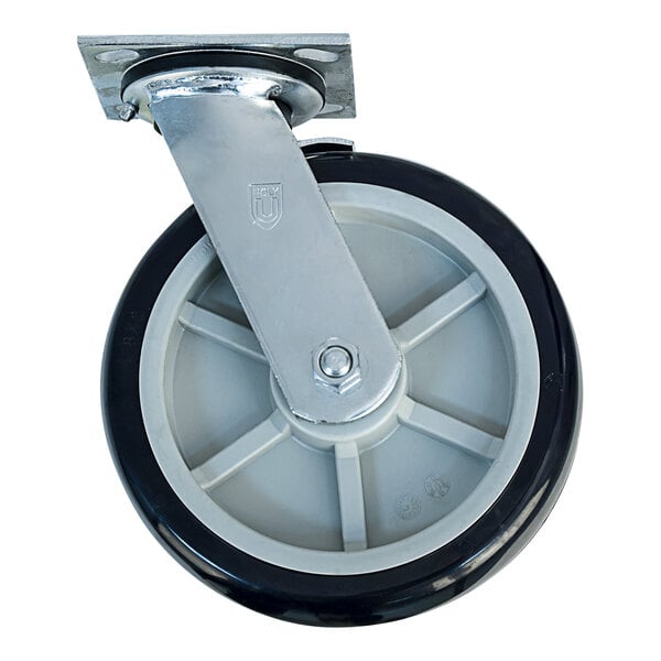 A black and white polyurethane swivel plate caster wheel.