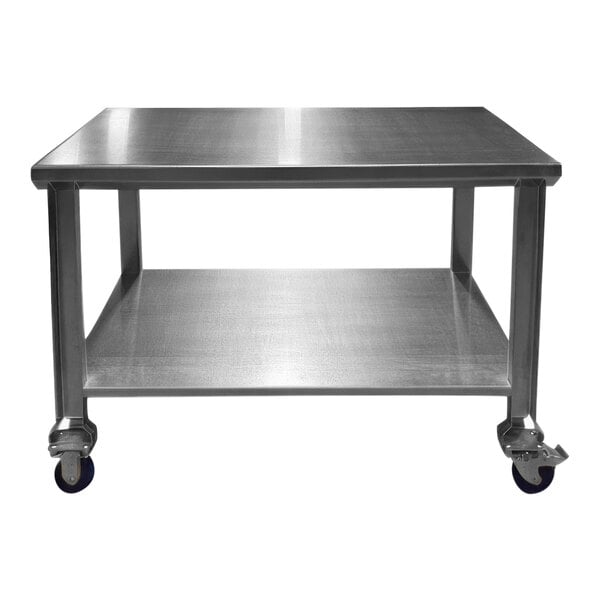 A SSL Industries stainless steel work table with casters.