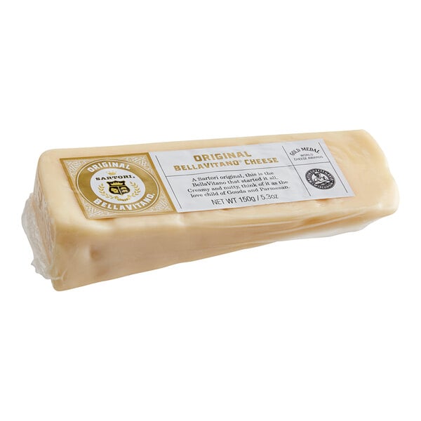 A Sartori Original BellaVitano cheese wedge with a label.