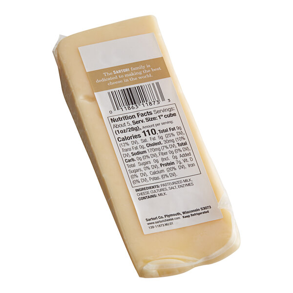 A Sartori Original BellaVitano cheese wedge with a label.