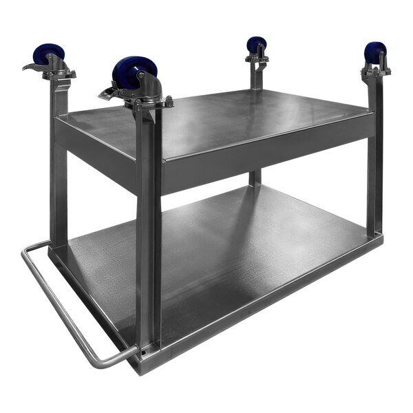 A stainless steel SSL Industries utility cart with two shelves and two handles.