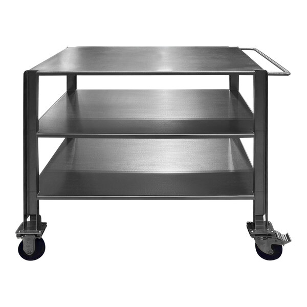 A SSL Industries stainless steel utility cart with three shelves on wheels.