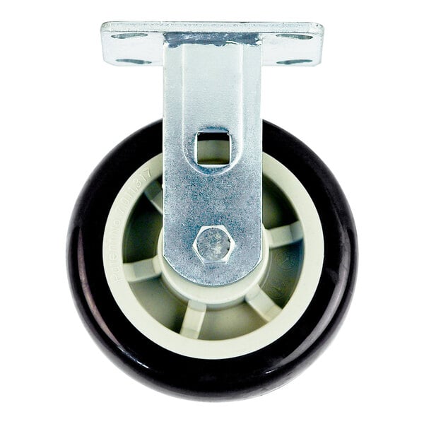 A black and white rigid plate caster with a white polyurethane wheel and metal bracket.