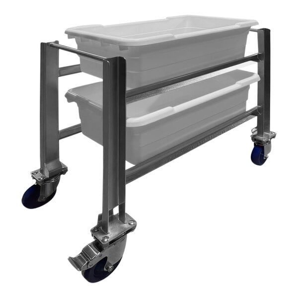 A stainless steel SSL Industries tote cart with two lugs on it.
