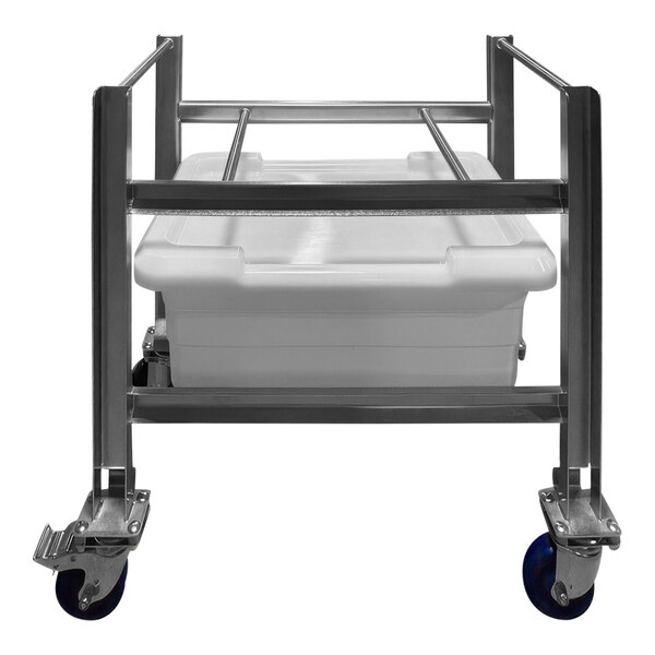 A white SSL Industries tote on a stainless steel cart.