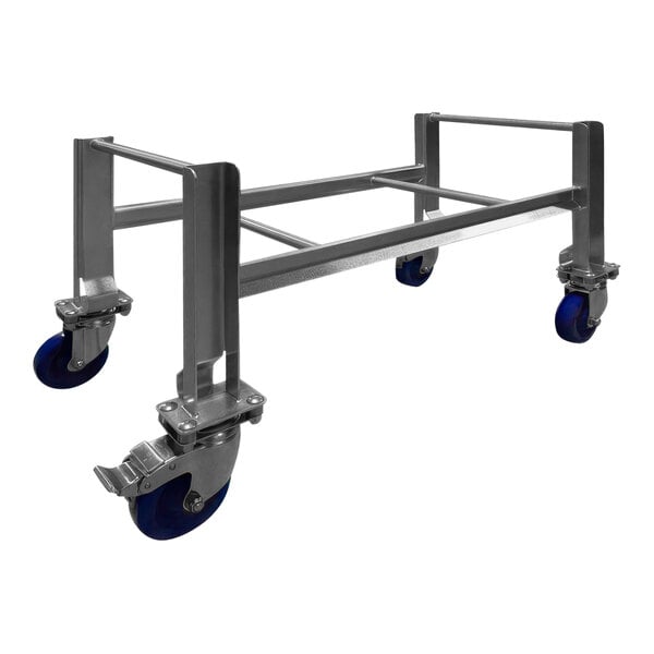 A SSL Industries stainless steel tote cart with blue wheels.