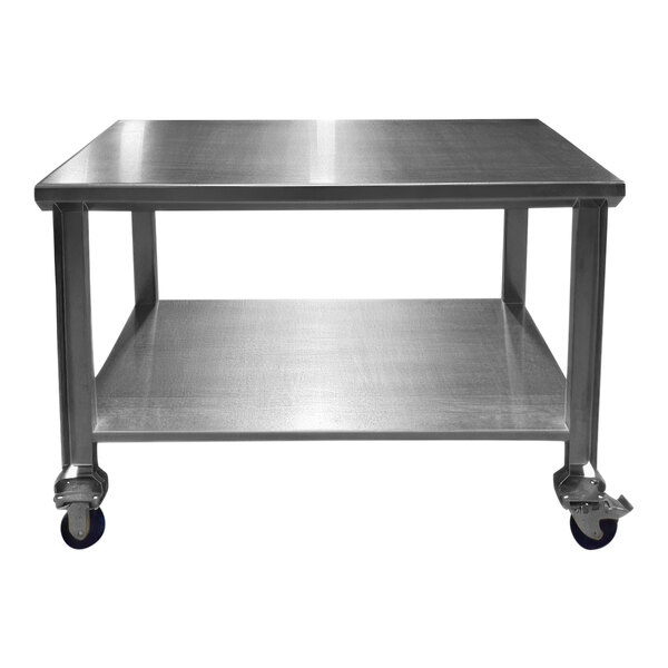 A SSL Industries stainless steel work table with undershelf and wheels.