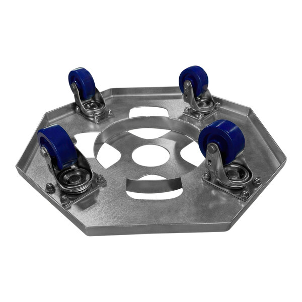 A SSL Industries stainless steel dolly with blue wheels.