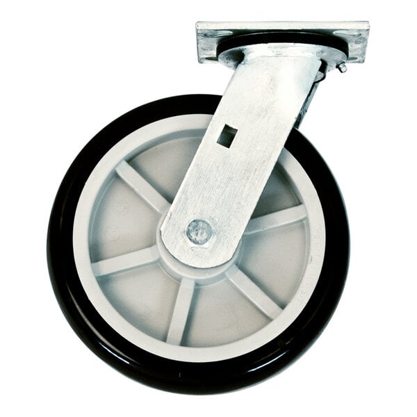 A black and white New Age polyurethane swivel plate caster wheel.