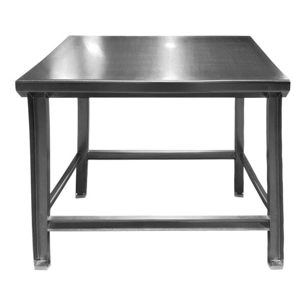 A stainless steel work table with black UHMW foot pads.