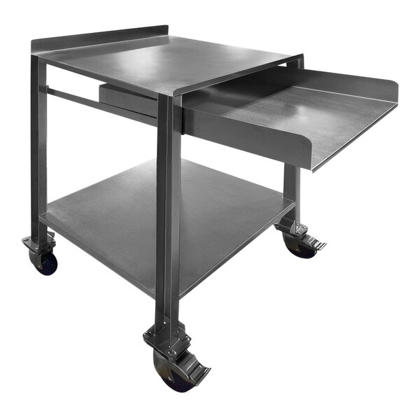 A stainless steel mobile receiving desk with two shelves and wheels.
