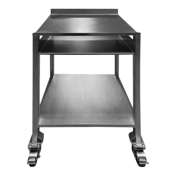 A stainless steel mobile receiving desk with wheels.