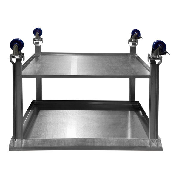 A stainless steel SSL Industries work table with 4" casters and an undershelf.