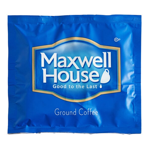 A blue and white Maxwell House packet of ground coffee.