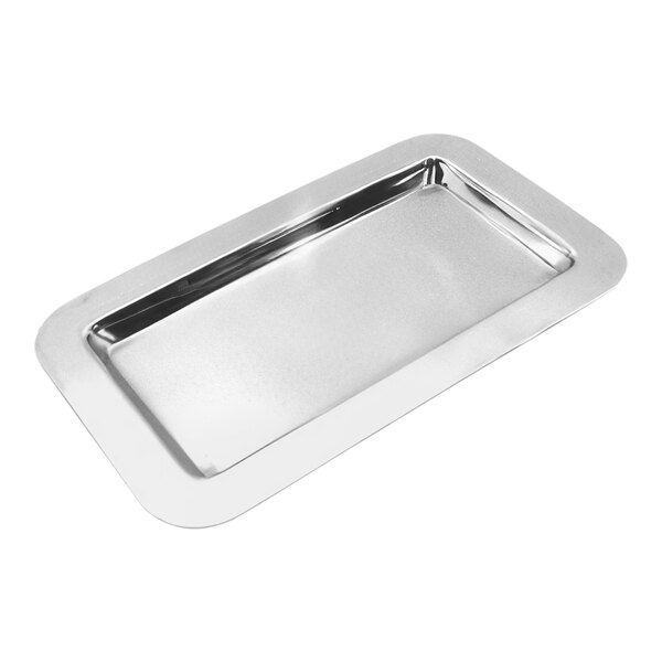 A Frieling USA stainless steel rectangular serving tray with a rectangular edge.