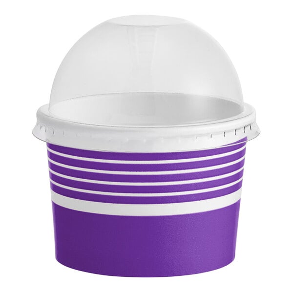A purple and white paper frozen yogurt cup with a clear dome lid.