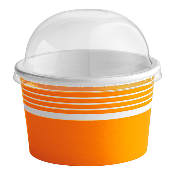 An orange and white paper container with a clear dome lid.
