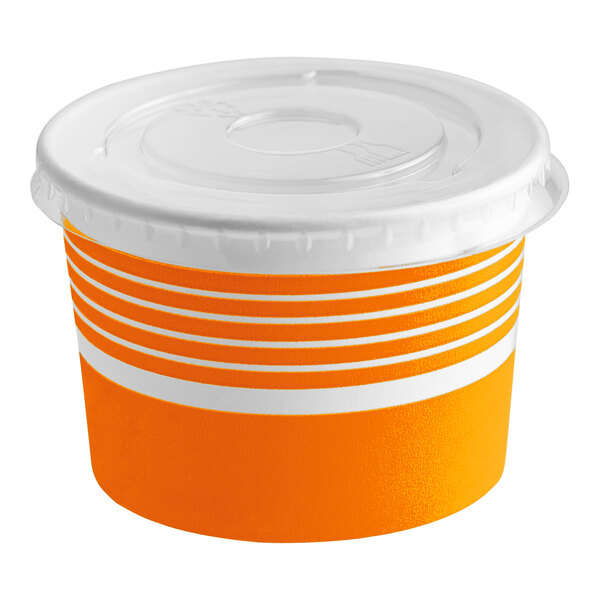 A white paper container with orange stripes and a lid.