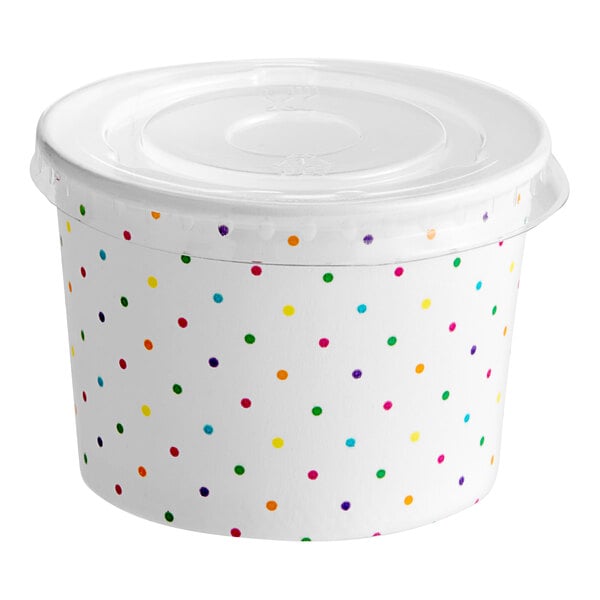 A white Choice paper food container with colorful polka dots.