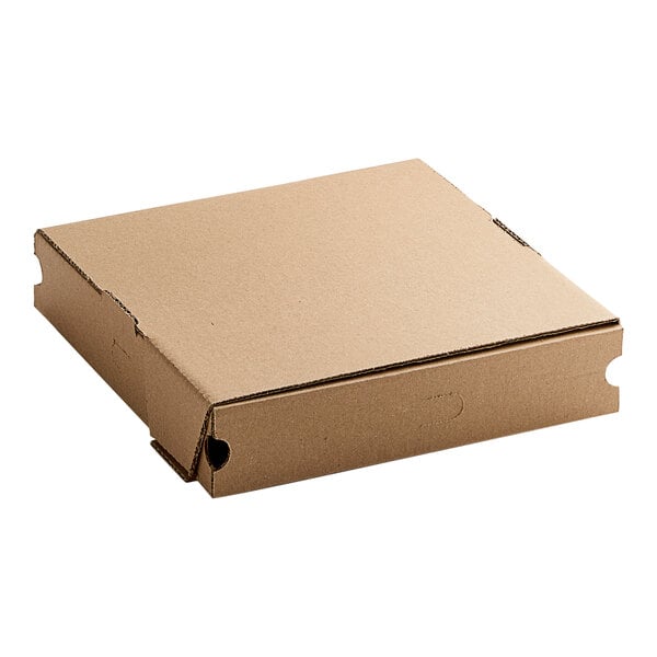 A brown cardboard pizza box with a hole in the middle.