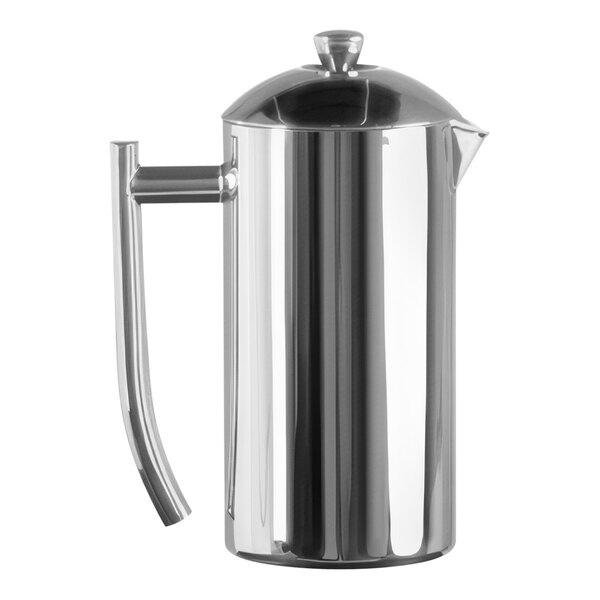 A Frieling USA stainless steel French press with a handle.