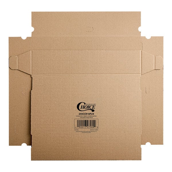 A Kraft cardboard Choice pizza box with a label.