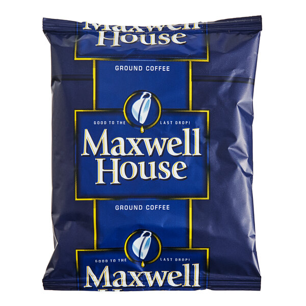 A blue Maxwell House bag of ground coffee.