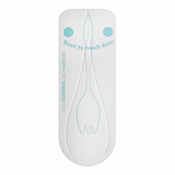 A white package of EcoTensil compostable paper spoons with blue accents.