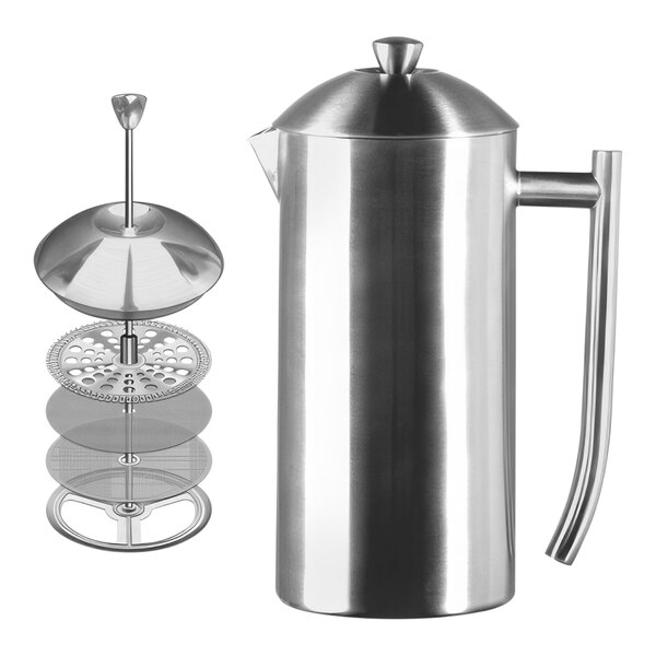A Frieling stainless steel coffee press with a brushed finish.
