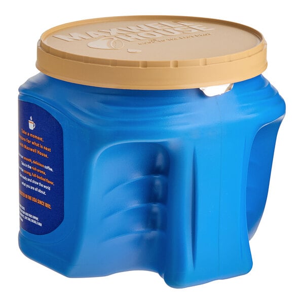 A blue plastic container of Maxwell House Original Roast Ground Coffee with a brown lid.
