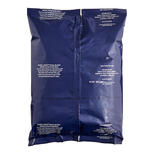 A blue plastic bag of Maxwell House Special Delivery coffee filters with white text.