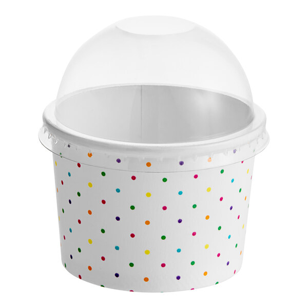 A white Choice paper food container with colorful polka dots.