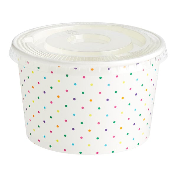 A white Choice paper food container with colorful polka dots.