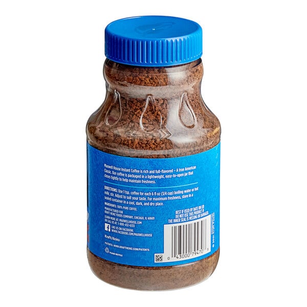 A jar of Maxwell House Original Roast Instant Coffee with a blue lid.