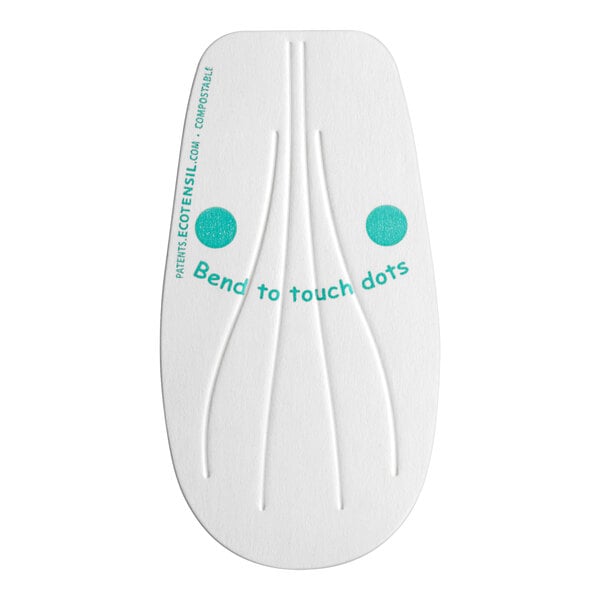 A white EcoTensil compostable paper ice cream spoon with blue dots.
